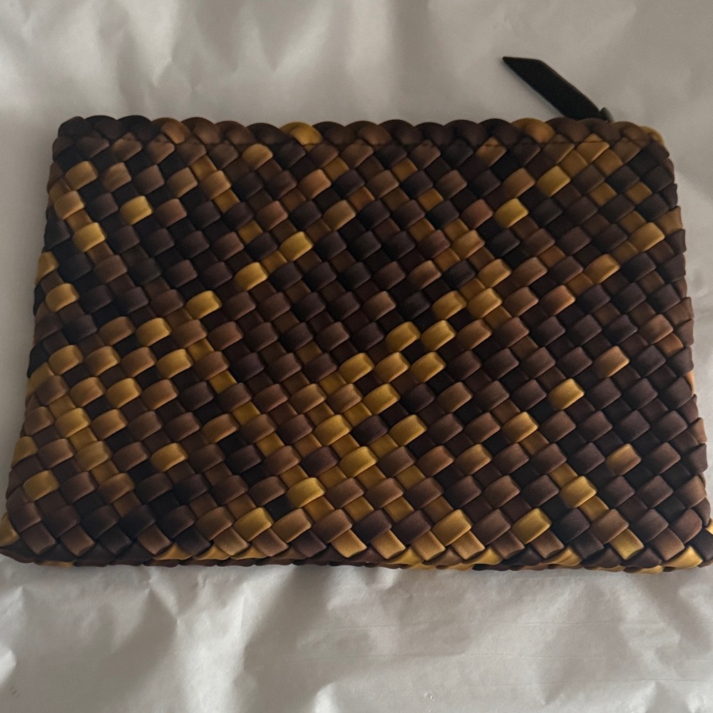 New Naghedi woven neoprene top zip clutch pouch. Color called fez or tortoise.